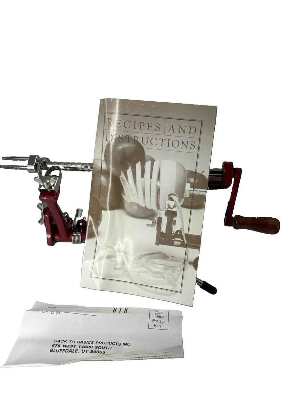 Back To Basics “Peel Away” Apple Peeler Corer Slicer Red Hand Crank With Box